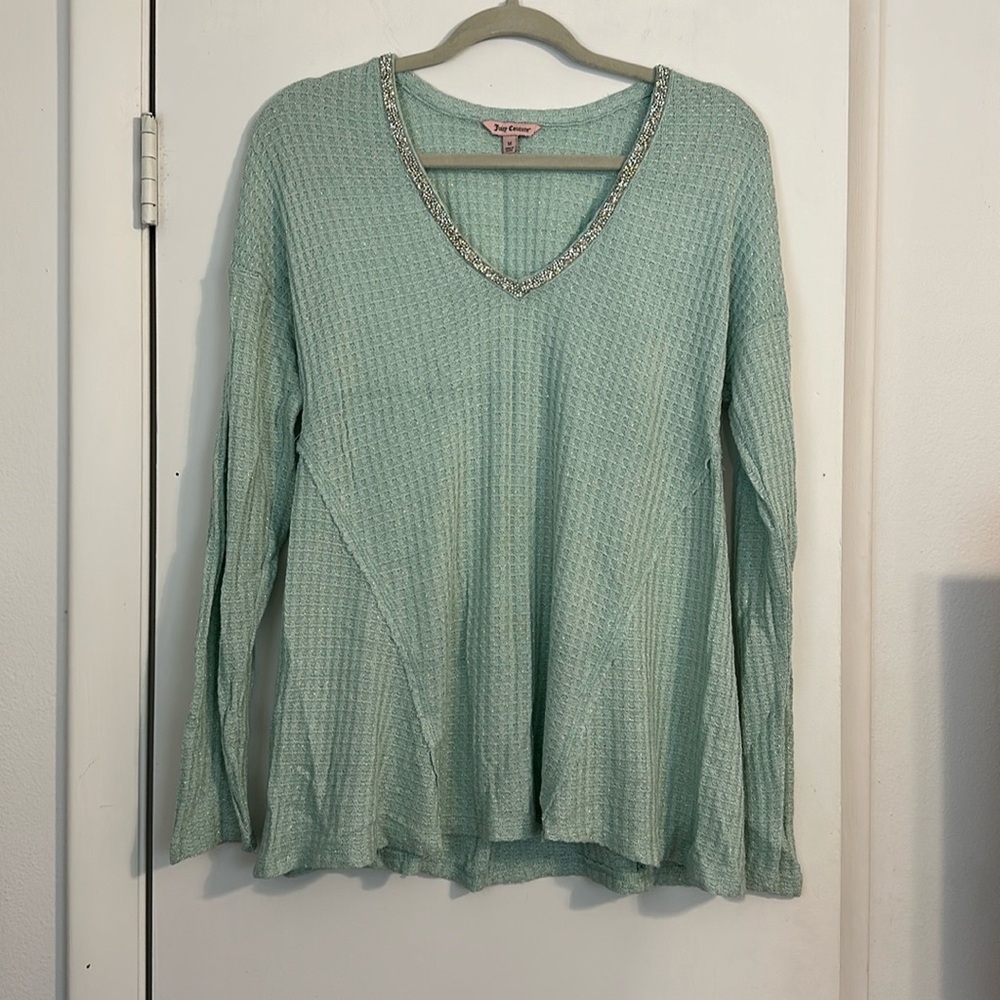Sparkly Tiffany blue sweater with rhinestone collar